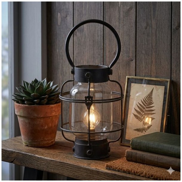 En rustik rund fransk staldlanterne i antik sort metal er t�ndt og st�r p� en massiv tr�reol. Lanternen st�r ved siden af en terracotta-potte med en sukkulent og to gamle b�ger, mod en baggrund af m�rke tr�paneler.