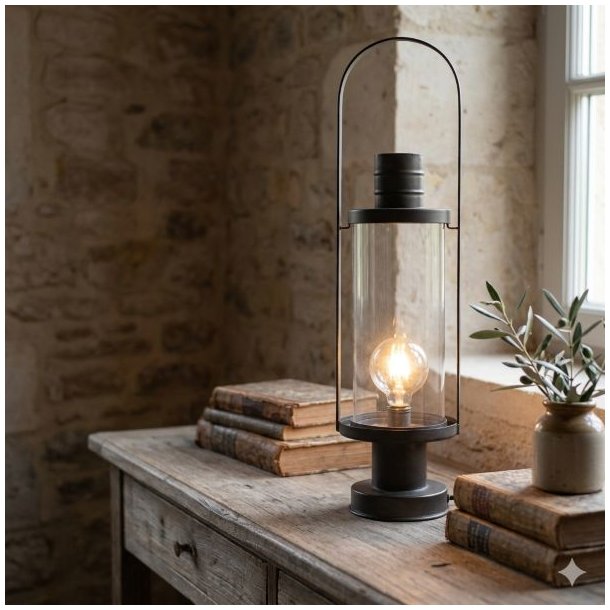 Et stemningsfuldt milj�billede, hvor den franske staldlanterne st�r t�ndt p� en rustik tr�kasse ved et indgangsparti i skumringen.