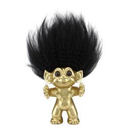 front-jubilaeumstrold-mat-messing-look Fritlagt billede af Lykketrold i jubil�umsudgave med mat messing-look. Figuren har sort, vildt h�r og er en klassisk samlerfigur.