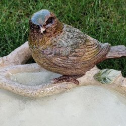 Fokus p� den anden fuglefigur p� kanten af fuglebadet med synlige detaljer i fjerdragten og de gr�nne blade.
