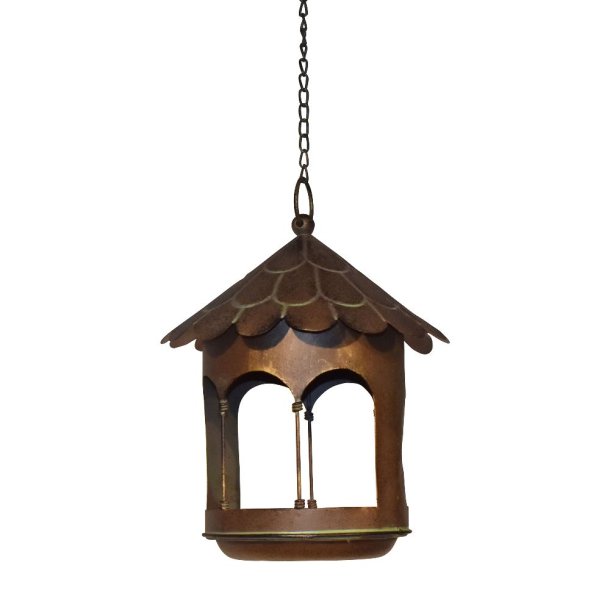 Fritlagt billede af dekorativt fuglehus og fuglebr�t i antik brun jern med k�de og krog til oph�ng fra La Vida.