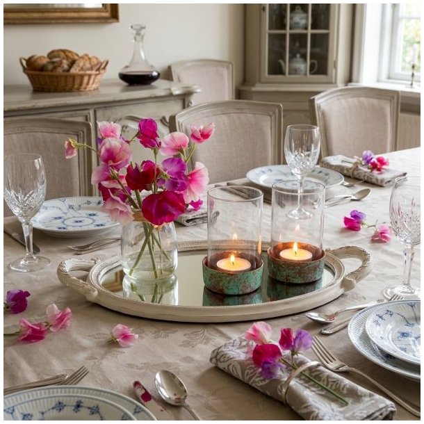 Hvid spejlbakke p� et d�kket spisebord med to glasfyrfadsholdere med patineret gr�n bund og en lille vase med rosa blomster.
