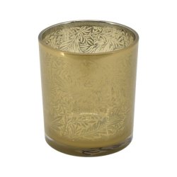 Et fritlagt produktbillede i 1:1 format af fyrfadsstagen i klart glas med det karakteristiske gr�nne bladm�nster, baseret p� image_85.png, vist mod en hvid baggrund. St�rrelse: H10 / D9 cm.