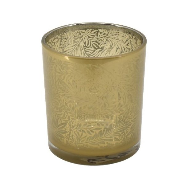 Et fritlagt produktbillede i 1:1 format af fyrfadsstagen i klart glas med det karakteristiske gr�nne bladm�nster, baseret p� image_85.png, vist mod en hvid baggrund. St�rrelse: H10 / D9 cm.