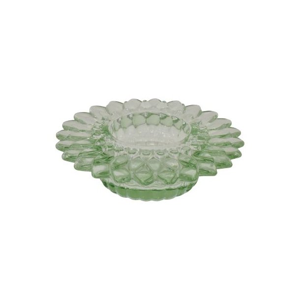 groen-fyrfadsstage-glas-flad-solsikke En fritlagt rund fyrfadsstage i gennemsigtigt gr�nt glas med et fladt, bredt design, hvor kanten er udformet som fine, t�tte blade, der str�ler ud som en solsikke.