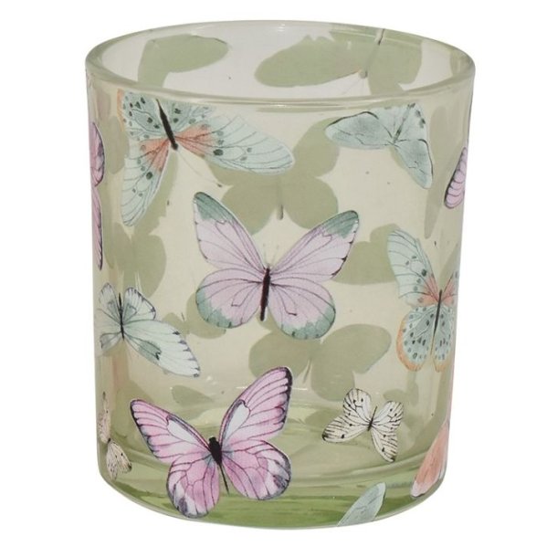 Fritlagt billede af den lille model af fyrfadsstagen i lysegr�nt glas med hvidt sommerfugleprint.