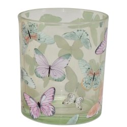 Fritlagt billede af den store model af fyrfadsstagen i lysegr�nt glas med hvidt sommerfugleprint.