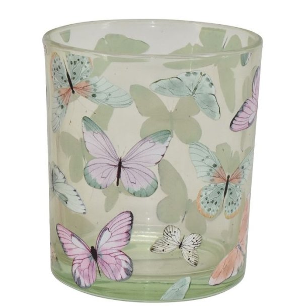 Fritlagt billede af den store model af fyrfadsstagen i lysegr�nt glas med hvidt sommerfugleprint.