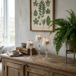 Tre elegante glasfyrfadsstager i forskellige st�rrelser formet som lamper med t�ndte lys, anrettet p� en rustik tr�sk�nk med en gr�n bregne og et botanisk billede p� v�ggen i baggrunden.