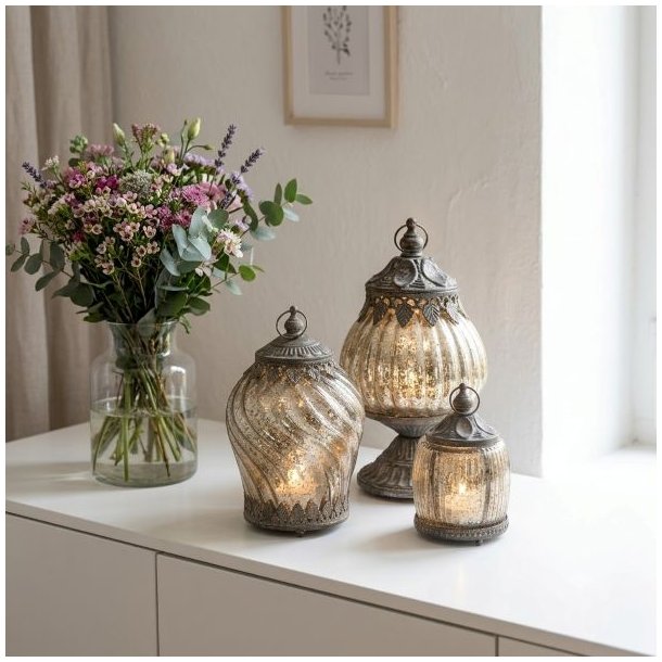 Tre dekorative lanterner i fattigmandsglas med antikt metalm�nster og varmt lys, opstillet p� en hvid sk�nk ved siden af en stor blomsterbuket i en glasvase.