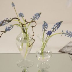glasvaser-elke-milj�-spejlplade to sm� klare glasvaser med riller st�ende p� en spejlplade p� et d�kket bord med bl� perlehyacinter i.