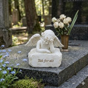 Et kvadratisk livsstilsbillede af en hvid engel der hviler hovedet i h�nden ovenp� en sten med teksten Tak for alt Englen er placeret p� en m�rk gravsten p� en kirkeg�rd med sm� bl� blomster i forgrunden og en vase med lyse roser i baggrunden.