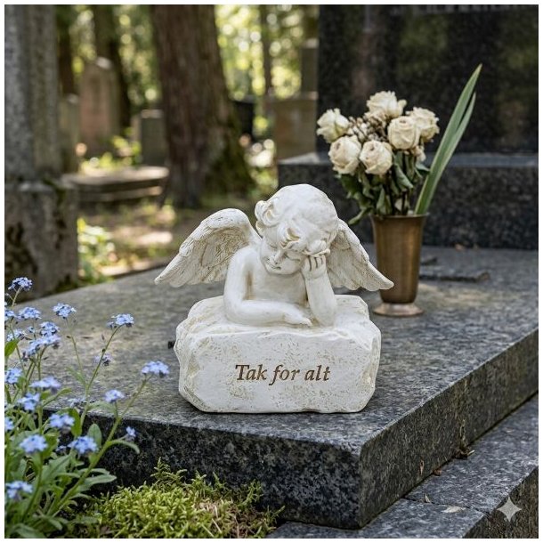 Et kvadratisk livsstilsbillede af en hvid engel der hviler hovedet i h�nden ovenp� en sten med teksten Tak for alt Englen er placeret p� en m�rk gravsten p� en kirkeg�rd med sm� bl� blomster i forgrunden og en vase med lyse roser i baggrunden.