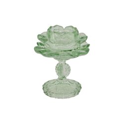 groen-fyrfadsstage-glas-stilket-blomst En fritlagt rund fyrfadsstage i m�nstret gennemsigtigt gr�nt glas, formet som en fin blomst h�vet p� en lille, elegant glasstilk med en rund fod.