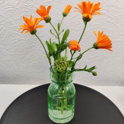Gr�n rillet glasvase i to niveauer fyldt med friske orange morgenfruer st�ende p� et sort fat.