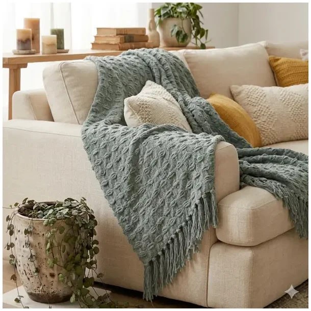 Milj�billede af den gr�nne plaid draperet over en lys sofa, hvilket viser m�nsterets spil i et naturligt lys.