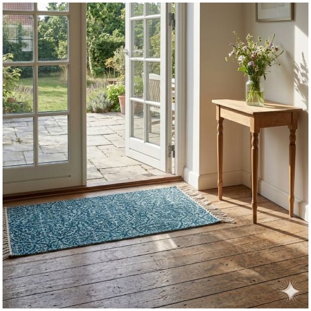 Et smukt, firkantet milj�billede i kvardratisk 1:1 format, der viser det turkisbl� m�nstrede gulvt�ppe p� et rustikt tr�gulv. T�ppet, med dimensioner p� 150 cm i l�ngden og 70 cm i bredden, ligger lige foran en �ben terrassed�r, hvilket understreger dets funktion som l�ber. Til h�jre st�r et lille, elegant sidebord med en vase med blomster, der tilf�jer en hyggelig og hjemlig atmosf�re. Ingen blomsterpotter eller kurve d�kker t�ppet, der vises tydeligt med dets smukke m�nster.