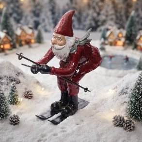Harvesttime nisse p� ski i h�ndmalet keramik (18x15 cm