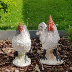 N�rbillede set forfra af en hane og en h�ne som havefigurer. Figurerne st�r p� tr�flis med en flot gr�n gr�spl�ne i baggrunden. S�ttet er detaljeret udf�rt i vejrbestandigt materiale og m�ler H[inds�t h�jde] cm.