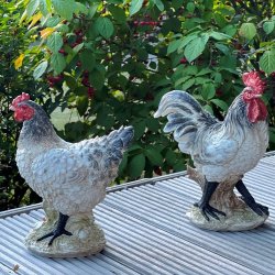 Hane og h�ne figur, st�ende side om side p� en tr�terrasse, der viser de to tilg�ngelige varianter.