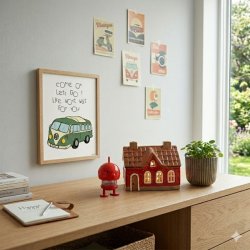 Lille r�d Hoptimist Baby Bumble figur st�ende p� en lys tr�sk�nk i et kvadratisk milj�billede ved siden af et t�ndt r�dt keramikhus, en lille rillet keramikurtepotte med en gr�n plante og en indrammet Come On Lets Go retro plakat p� v�ggen.