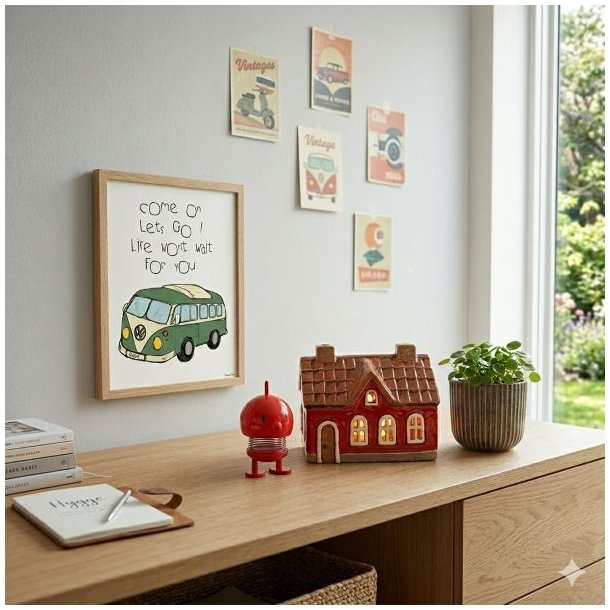 Lille r�d Hoptimist Baby Bumble figur st�ende p� en lys tr�sk�nk i et kvadratisk milj�billede ved siden af et t�ndt r�dt keramikhus, en lille rillet keramikurtepotte med en gr�n plante og en indrammet Come On Lets Go retro plakat p� v�ggen.