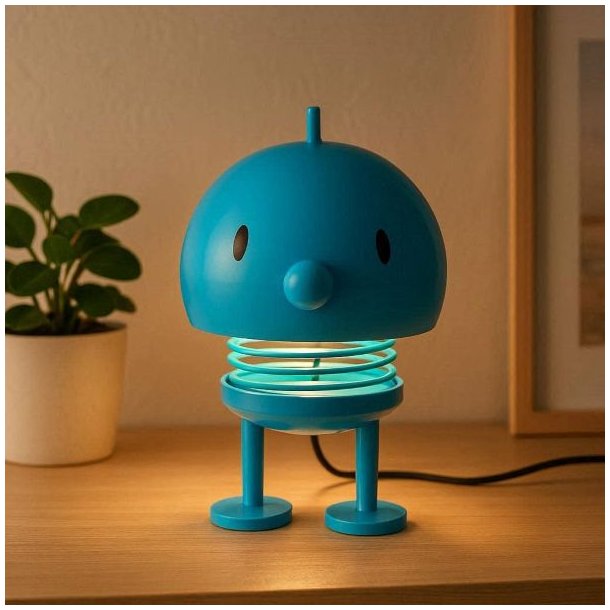 Stor bl� Hoptimist Bimble lampe placeret i en stue.