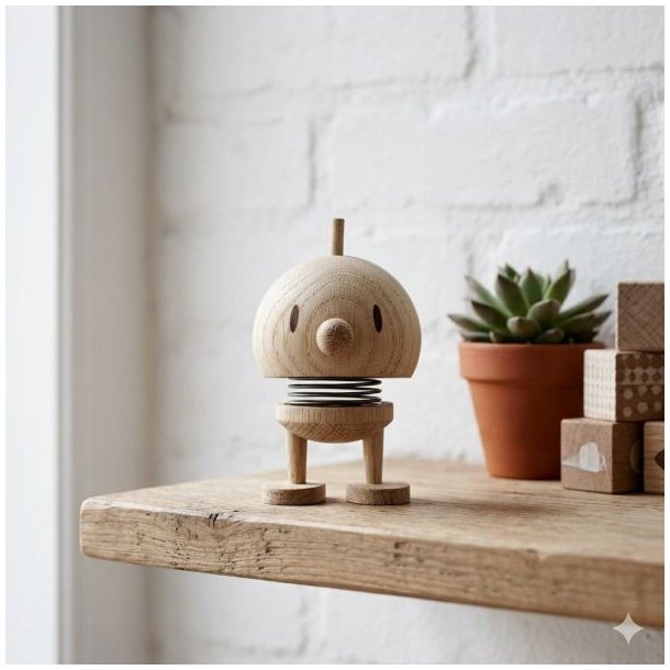 Et n�rbillede af en klassisk Hoptimist Bumble hoptimist baby i ubehandlet egetr�, der st�r alene p� en rustik tr�hylde. Baggrunden er en struktureret, hvidmalet murstensv�g, og bl�dt naturligt lys oplyser figuren.