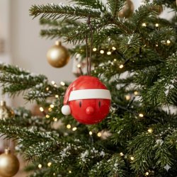 9200-40-santa-julekugle-ormament-hoptimist Et firkantet julebillede af et Red Santa ornament fra Hoptimist formet som en r�d julemand med hvid julemandshue og en diameter p� 6 cm, der h�nger i en snor p� en gr�n grangren p� et juletr� med t�ndte julelys.