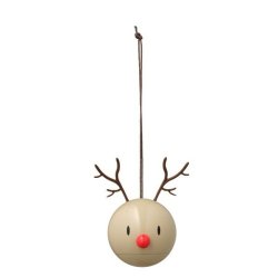 brun-rensdyr.jpg Et lysebrunt Hoptimist Reindeer rensdyr ornament til oph�ng med m�rkebrune gevirer, en rund r�d tud og en diameter p� 6 cm, fritlagt p� en ren hvid baggrund.