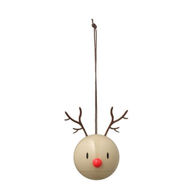brun-rensdyr.jpg Et lysebrunt Hoptimist Reindeer rensdyr ornament til oph�ng med m�rkebrune gevirer, en rund r�d tud og en diameter p� 6 cm, fritlagt p� en ren hvid baggrund.