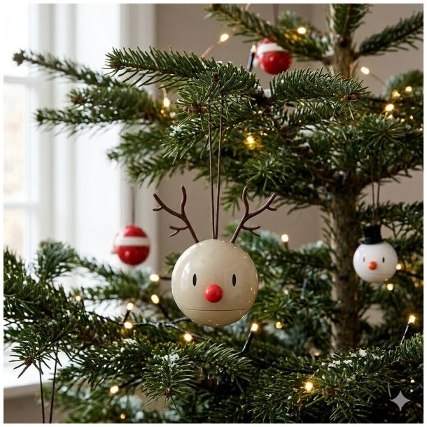 hoptimist-reindeer-ornament-rensdyr-julekugle-frilagt.jpg Et firkantet 1:1 milj�billede af et Reindeer ornament fra Hoptimist, formet som et lysebrunt rensdyr med m�rkebrune gevirer, en rund r�d tud og en diameter p� 6 cm, der h�nger i en snor p� en gr�n grangren p� et juletr� pyntet med varme julelys samt en r�d julekugle og en hvid snemand julekugle i baggrunden.