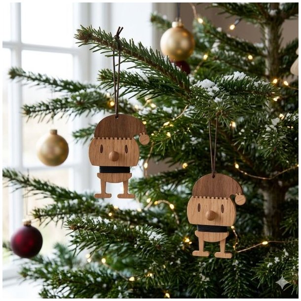 7028-01-hoptimist-julemand-trae.jpg Et firkantet 1:1 milj�billede af et Santa ornament s�t fra Hoptimist, hvor 2 stk. julem�nd i m�rk egetr� med en h�jde p� 12,5 cm h�nger i brune snore ved siden af hinanden p� de gr�nne grene af et juletr� pyntet med d�mpede, varme julelys.