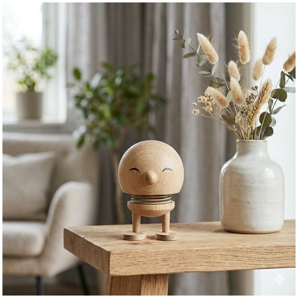 7003-03-small-Bimble-i-rae-ubehandlet-egetrae-lille-Bimble-hoptimist En lille Hoptimist Bimble pige i r�t, ubehandlet egetr� med en h�jde p� 6,5 cm og en diameter p� 5 cm, der st�r p� et lyst tr�bord ved siden af en lys keramikvase med t�rrede harehale-gr�sser i en stilren, skandinavisk stue.