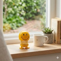 En lille gul Hoptimist Smiley (Small, H7 cm) placeret p� en lys tr�-vindueskarm ved siden af en hvid kop med et lille hjerte, en lille sukkulent og en stak gamle b�ger. Naturligt dagslys str�mmer ind fra vinduet.