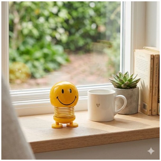 En lille gul Hoptimist Smiley (Small, H7 cm) placeret p� en lys tr�-vindueskarm ved siden af en hvid kop med et lille hjerte, en lille sukkulent og en stak gamle b�ger. Naturligt dagslys str�mmer ind fra vinduet.