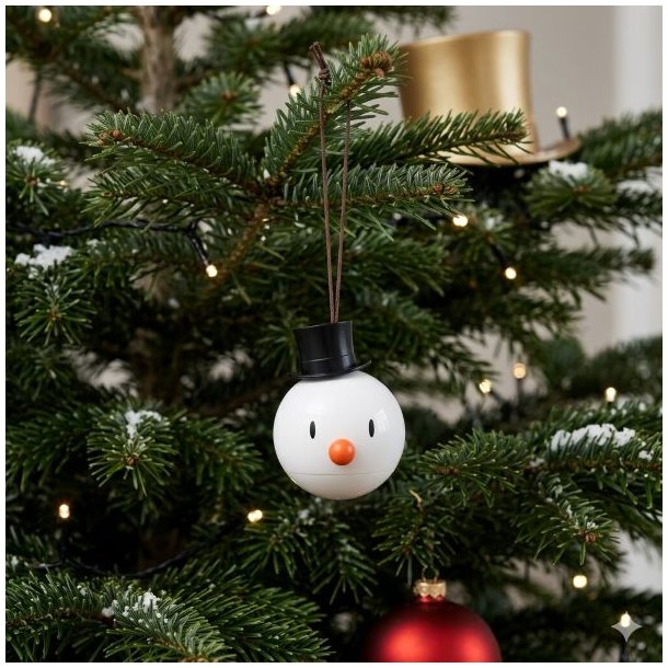 Et firkantet 1:1 milj�billede af et Snowman ornament fra Hoptimist, formet som en hvid snemand med sort h�j hat, gulerodsn�se og en diameter p� 6 cm, der h�nger i en snor p� gr�nne grangrene p� et juletr� pyntet med varme julelys og en r�d julekugle.