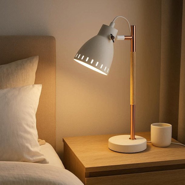 En moderne hvid bordlampe med detaljer i kobber og lyst tr�, placeret p� et natbord i et lyst sovev�relse.