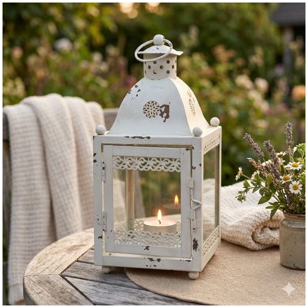 En rustik hvid metal lanterne med patina og et t�ndt fyrfadslys, placeret p� et tr�bord omgivet af hyggelige plaider og en buket med lavendel i en have.