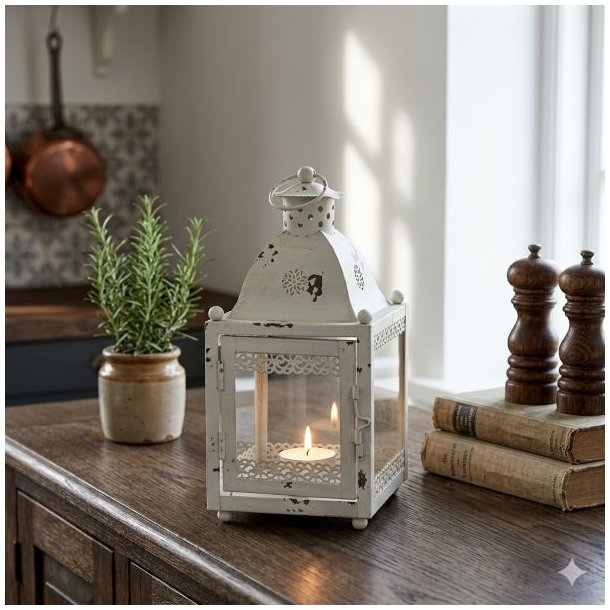 Et kvadratisk 600x600 stemningsbillede, der viser den patinerede hvide metal lanterne fra image_29.png, her placeret p� en m�rk eg k�kkensk�nk. Lanternen st�r centralt og indeholder et t�ndt fyrfadslys, der kaster en flakkende, varm gl�d og lyser op fra glasets base. Surrounding lanternen p� sk�nkens tr�overflade er nogle omhyggeligt udvalgte, naturlige k�kkenrelaterede elementer: en krukke med friske krydderurter og en lille stak gamle kogeb�ger. Baggrunden er sl�ret med en tapet af m�nstret fliser, der understreger en rustik og hyggelig k�kkenatmosf�re. Lysset er varmt og bl�dt, og fremh�ver metallets patina