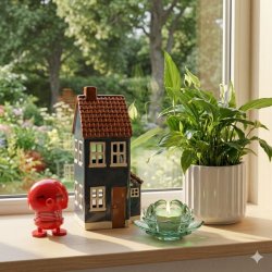 hvid-rillet-urtepotte-skjulerskaal-miljoe Et lyst milj�billede fra en vindueskarm, hvor en gr�n stueplante i en hvid rillet urtepotte st�r til h�jre. Ved siden af urtepotten st�r en m�nstret, lotusformet fyrfadsstage i gr�nt glas med et t�ndt lys, et m�rkebl�t keramikhus med brunt tag samt en r�d Hoptimist p� den lyse tr�overflade med haven i baggrunden.