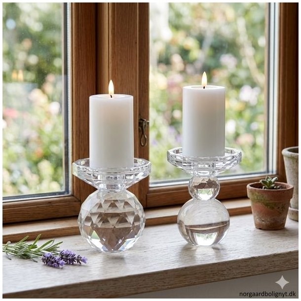 Hvide LED-bloklys med en diameter p� 7,5 cm placeret i smukke krystallysestager i en vindueskarm. Lysene har en realistisk flammeeffekt, og i baggrunden anes et gr�nt havemilj� gennem vinduet