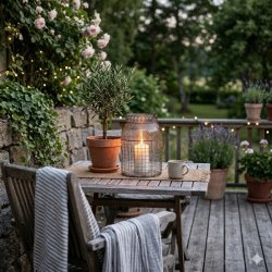 Et stemningsfuldt udend�rs milj�billede fra en terrasse i skumringen, hvor et t�ndt hvidt bloklys st�r i en rustik tr�dlanterne p� et havebord af tr� flankeret af en olivenplante og en hyggelig krog med blomster og lysk�der.