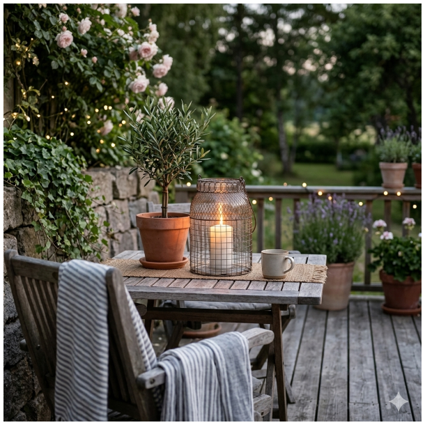 Et stemningsfuldt udend�rs milj�billede fra en terrasse i skumringen, hvor et t�ndt hvidt bloklys st�r i en rustik tr�dlanterne p� et havebord af tr� flankeret af en olivenplante og en hyggelig krog med blomster og lysk�der.