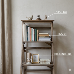 inspiration billede af den naturfarvede grantr�sstige, dekoreret med b�ger, boliginteri�r og nipsting, med tydelig tekst.