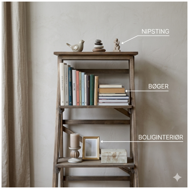 inspiration billede af den naturfarvede grantr�sstige, dekoreret med b�ger, boliginteri�r og nipsting, med tydelig tekst.