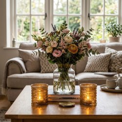 Kvadratisk milj�billede af to rillede Ivy fyrfadsglas med guldkant placeret p� et sofabord foran en vase med blomster.
