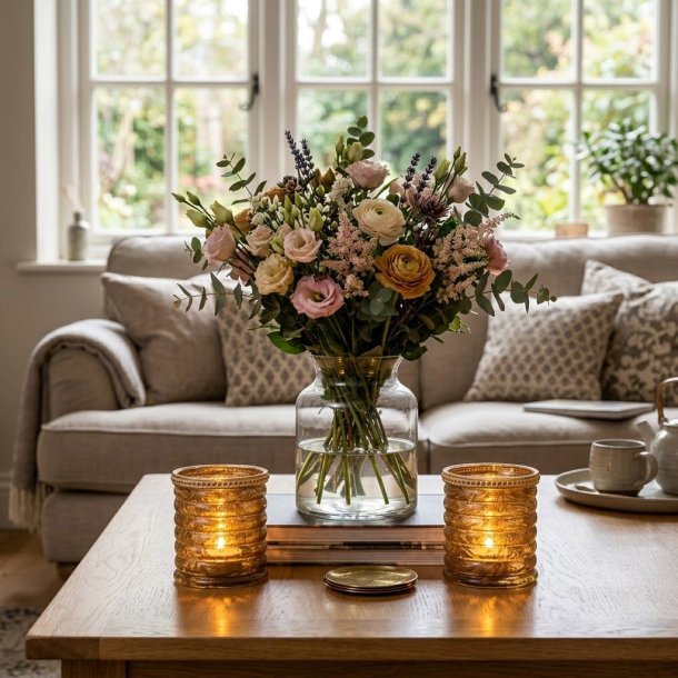 Kvadratisk milj�billede af to rillede Ivy fyrfadsglas med guldkant placeret p� et sofabord foran en vase med blomster.