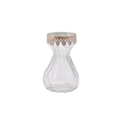 En hyacintvase i glas med en smal hals og rillede detaljer. Vasen har en dekorativ guldkant �verst med sm� metalblade.