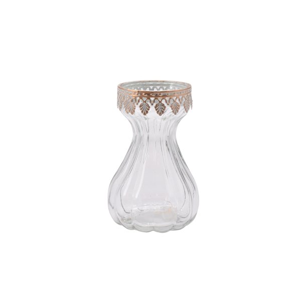 En hyacintvase i glas med en smal hals og rillede detaljer. Vasen har en dekorativ guldkant �verst med sm� metalblade.